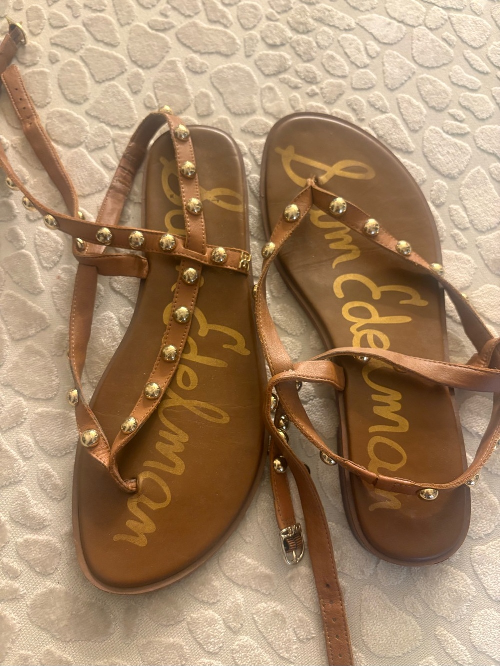 Sam Edelman Brown Leather Studded T-Strap Sandals